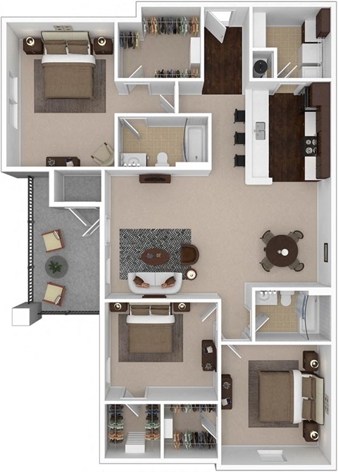 Emerald 3-bedroom/2-bathroom 3D floor plan layout with 1,590 square feet at Riverstone apartments for rent in Macon, GA